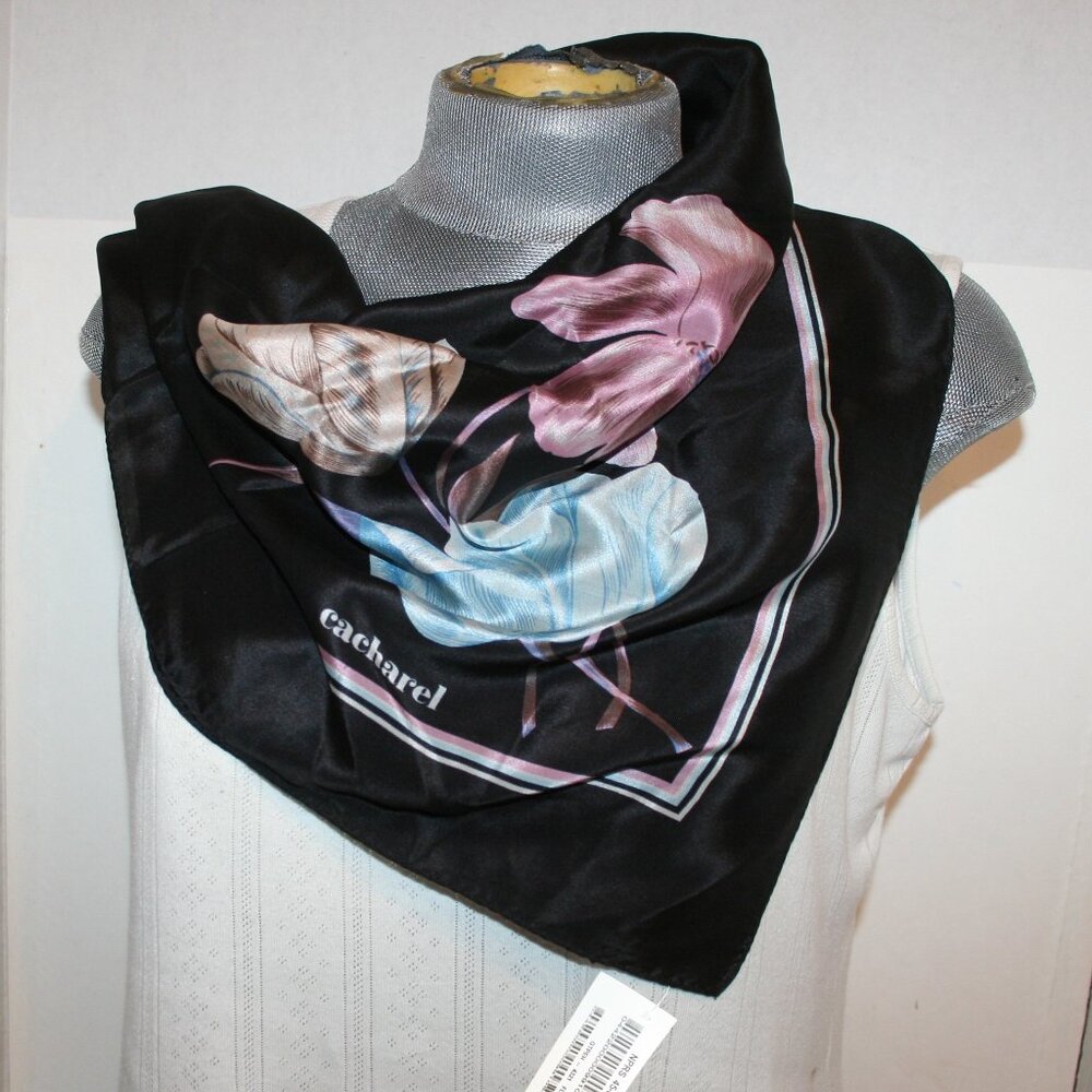 Vtg Cacharel Black/Blue/Pink/Beige Floral Silk Scarf